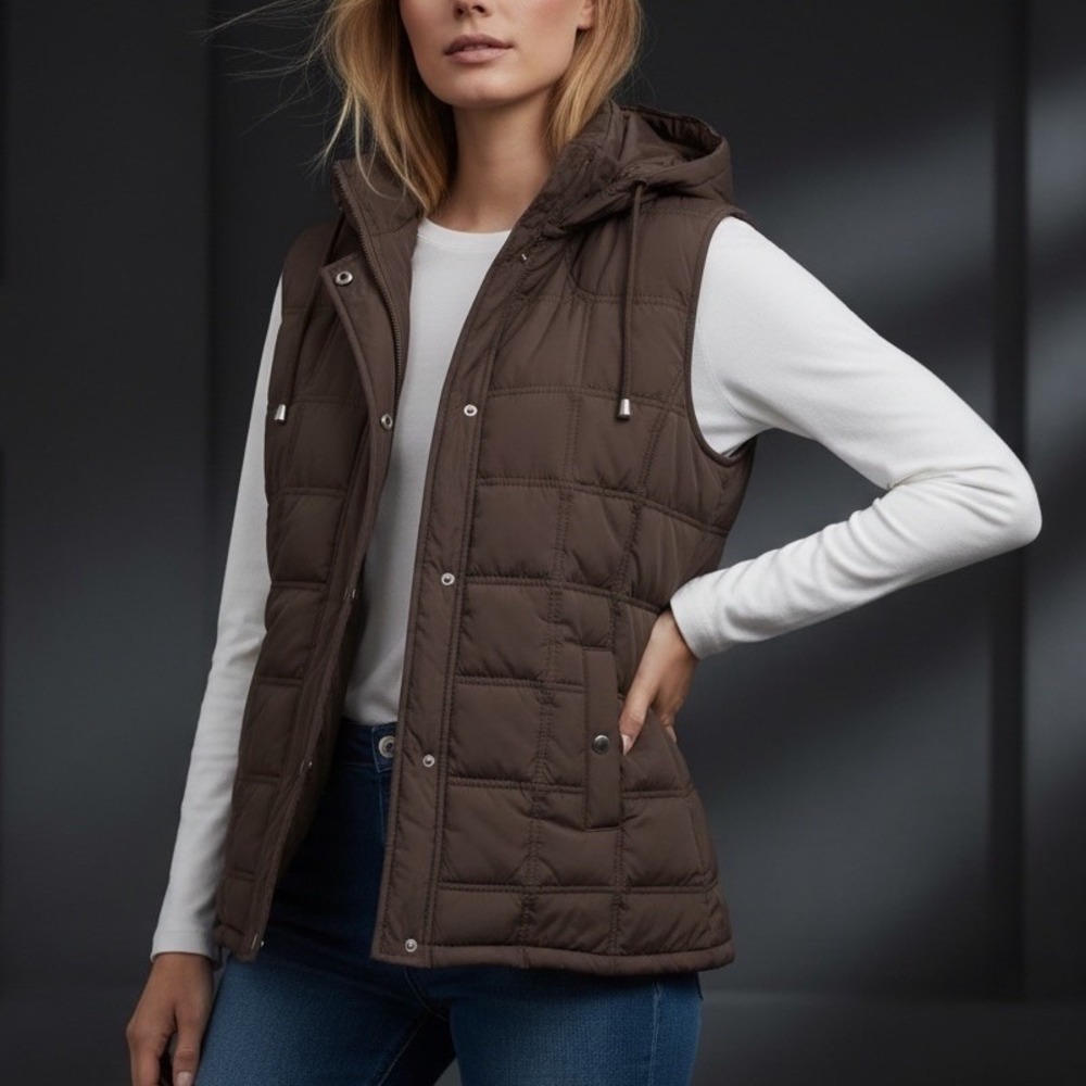 ❤ Womens M GAP Vest Brown Quilted Puffer Hooded Zip Up Snaps
